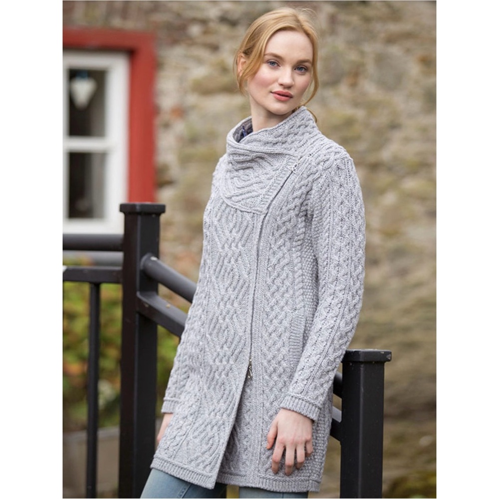 Aran Sweater Market 100% Wool Irish Celtic Long Coatigan Sweater Grey M